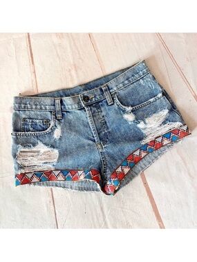 Carmar Boho Distressed Aztec Navajo Southwest Embroidered Jean Shorts